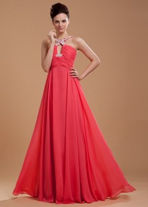 Coral Red Graduation Dress With V-neck Beaded And Appliques Chiffon For Custom Made
