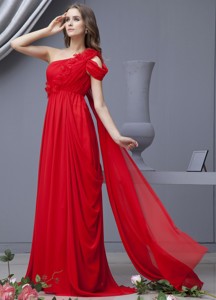 Red Graduation Dress With One Shoulder Watteau Train Chiffon For Custom Made