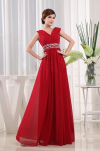 Empire V-neck Chiffon Floor-length Beaded Decorate Waist Red Graduation Dress