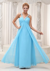 Beaded Decorate V-neck Ruched Bodice Aqua Blue Chiffon Prom Evening Dress