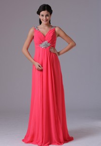 Coral Red V-neck Beading And Ruch Graduation Dress With Floor-length In Norwalk Connecticut