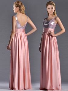 Lovely Empire Straps Zipper Up Peach Graduation Dress With Sequins