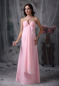 Customize Baby Pink Evening Dress Empire Halter Chiffon Beading Floor-length