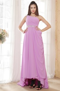 Lavender Empire One Shoulder Chiffon Ruch And Beading Graduation Dress High-low