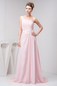 Court Train One Shoulder Baby Pink Chiffon Graduation Dress With Appliques