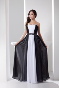 White and Black Strapless Long Prom Gowns with Beading Belt