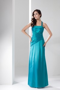 Ruching Halter Top Column Ankle-length Graduation Dress In Turquoise