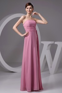 Rose Pink Chiffon Strapless Long Prom Gown Dress with Ribbon