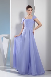 Ruching Empire Square Long Graduation Dress With Cap Sleeves