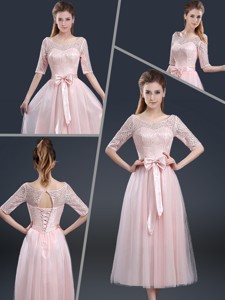 Elegant Tea Length Graduation Dress With Lace And Bowknot