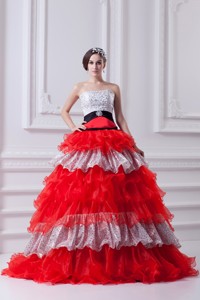 Elegant Princess Strapless Beading Ruflled Layers Red Quinceanera Dress In