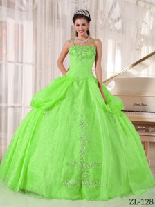 Spring Green Ball Gown Spaghetti Straps Floor-length Taffeta and Organza Appliques Quinceanera Dress