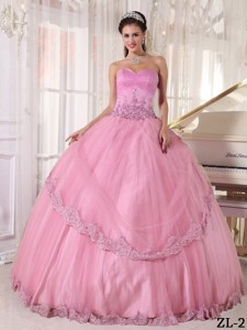 Pink Ball Gown Sweetheart Floor-length Taffeta and Tulle Appliques Quinceanera Dress