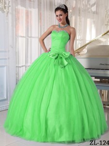 Spring Green Ball Gown Sweetheart Floor-length Tulle Beading and Bowknot Quinceanera Dress