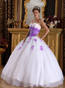 White and Purple Ball Gown Sweetheart Floor-length Appliques Organza Quinceanera Dress