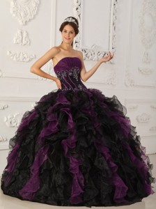 Purple and Black Ball Gown Strapless Floor-length Taffeta and Organza Beading Quinceanera Dress