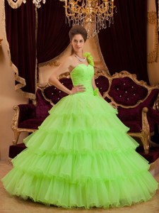 Lemon Green Princess One Shoulder Floor-length Ruffles Quinceanera Dress