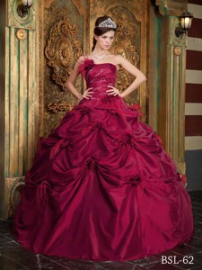 Wine Red Ball Gown Strapless Floor-length Taffeta Hand Made Flowers Quinceanera Dress
