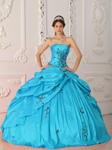 Aqua Blue Ball Gown Strapless Floor-length Taffeta Appliques Quinceanera Dress