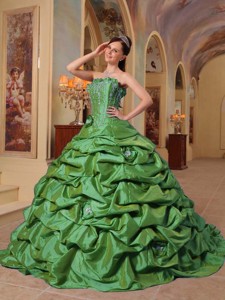 Green Ball Gown Strapless Court Train Pick-ups Taffeta Quinceanera Dress