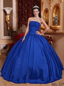 Blue Ball Gown Strapless Floor-length Taffeta Beading Quinceanera Dress