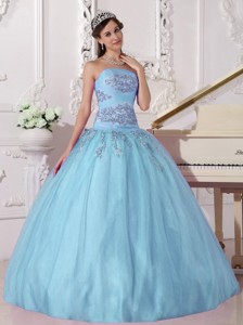 Sky Blue Ball Gown Strapless Floor-length Taffeta and Tulle Beading Quinceanera Dress