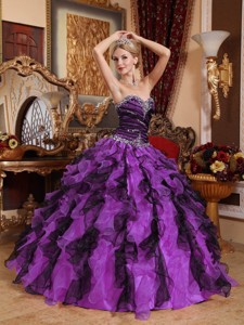 Purple and Black Sweetheart Floor-length Beading and Ruffles Quinceanera Dress