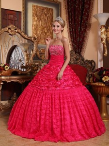 Red Strapless Floor-length Fabric With Roling Flowers Beading Quinceanera Dress