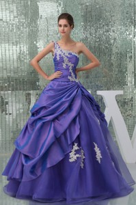 One Shoulder Appliques Purple Long Quinceanera Dress