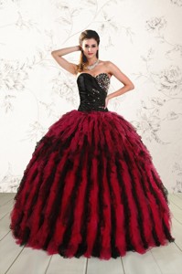Luxurious Sweetheart Ruffles And Beaded Quinceanera Dress In Red And Black