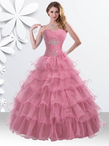Princess Watermelon Red Sweet 16 Gown with Beading and Ruffled Layers