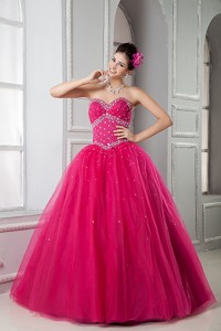 Hot Pink Ball Gown Sweetheart Floor-length Tulle Beading Quinceanera Dresss