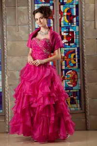 Hot Pink Sweetheart Beading and Ruffles Quinceanea Dress