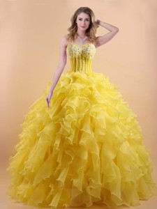 Classical Organza Applique and Ruffled Prom Gown in Yellow