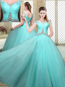 Luxurious Straps Beading Sweet 16 Dress In Aqua Blue