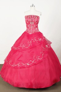 Popular Ball Gown Strapless Floor-length Red Organza Embroidery Quinceanera Dress
