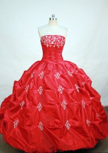 Elegant ball gown strapless floor-length red taffeta appliques quinceanera dress