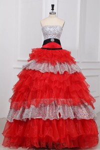 Red and White Strapless Beaded Decorate Organza Quinceanera Dress