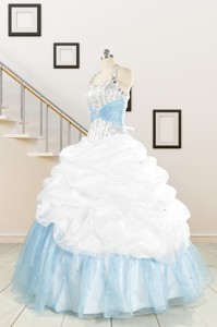 Pretty Halter White And Blue Quinceanera Dress With Beading