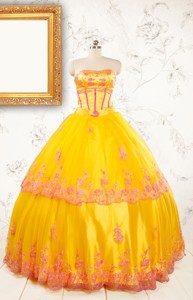 Gold Strapless Beautiful Quinceanera Dress With Appliques