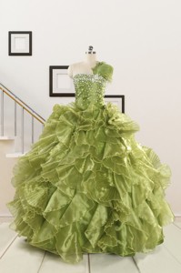 Inexpensive Olive Green Dress For Quince With Beading And Ruffles