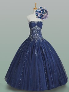 Elegant Ball Gown Strapless Beaded Quinceanera Dress In Navy Blue
