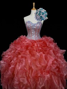 New Style Ball Gown Sweet 16 Dress With Sequins And Ruffles In Rust Red