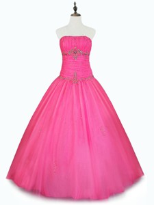 Cheap Strapless Hot Pink Quinceanera Dress With Beading