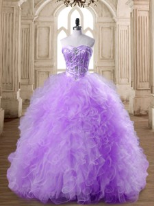 Elegant Beaded and Ruffled Lavender Quinceanera Dress in Tulle