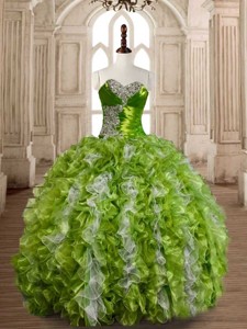 Lovely Olive Green and White Quinceanera Dress with Beading and Ruffles