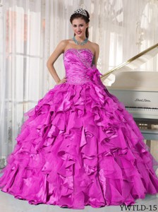 Hot Pink Ball Gown Sweetheart Floor-length Organza Beading Quinceanera Dress