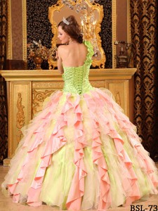 Multi-Color Ball Gown One Shoulder Floor-length Taffeta And Organza Beading And Ruffles Quinceanera 