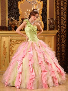 Multi-Color Ball Gown One Shoulder Floor-length Taffeta And Organza Beading And Ruffles Quinceanera 