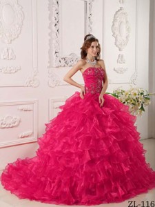 Hot Pink Ball Gown Strapless Floor-length Organza Ruffles And Embroidery Quinceanera Dress 